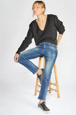 Le Temps des Cerises Basic 400/17 Mom Taille Haute 7/8Eme Jeans Destroy Bleu N°2-Femme Coupe Regular