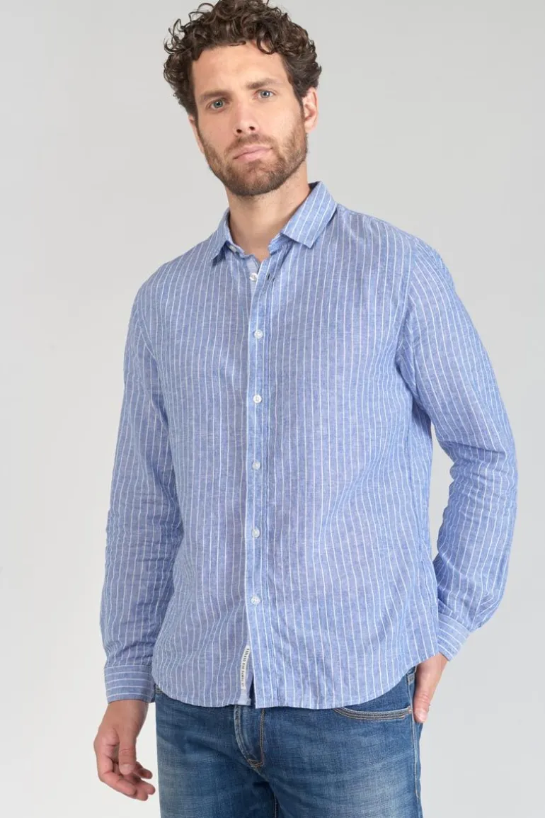Le Temps des Cerises Chemise Bolko En Lin Melange Bleu Ciel-Homme Chemises