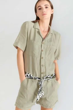 Le Temps des Cerises Combi-Short Barasse En Lin Kaki Clair-Femme Combinaisons