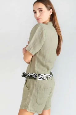 Le Temps des Cerises Combi-Short Barasse En Lin Kaki Clair-Femme Combinaisons