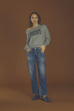 Le Temps des Cerises Fafa 400/18 Mom Taille Haute 7/8Eme Jeans Destroy Bleu N°3-Femme Coupe Mom