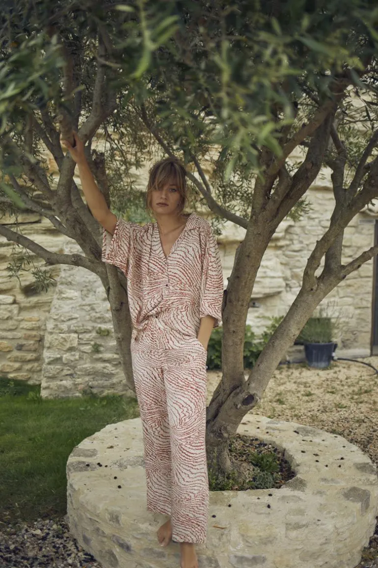 Le Temps des Cerises Pantalon Fluide Yesa A Motif Orange Et Noir-Femme Pantalons & Chinos