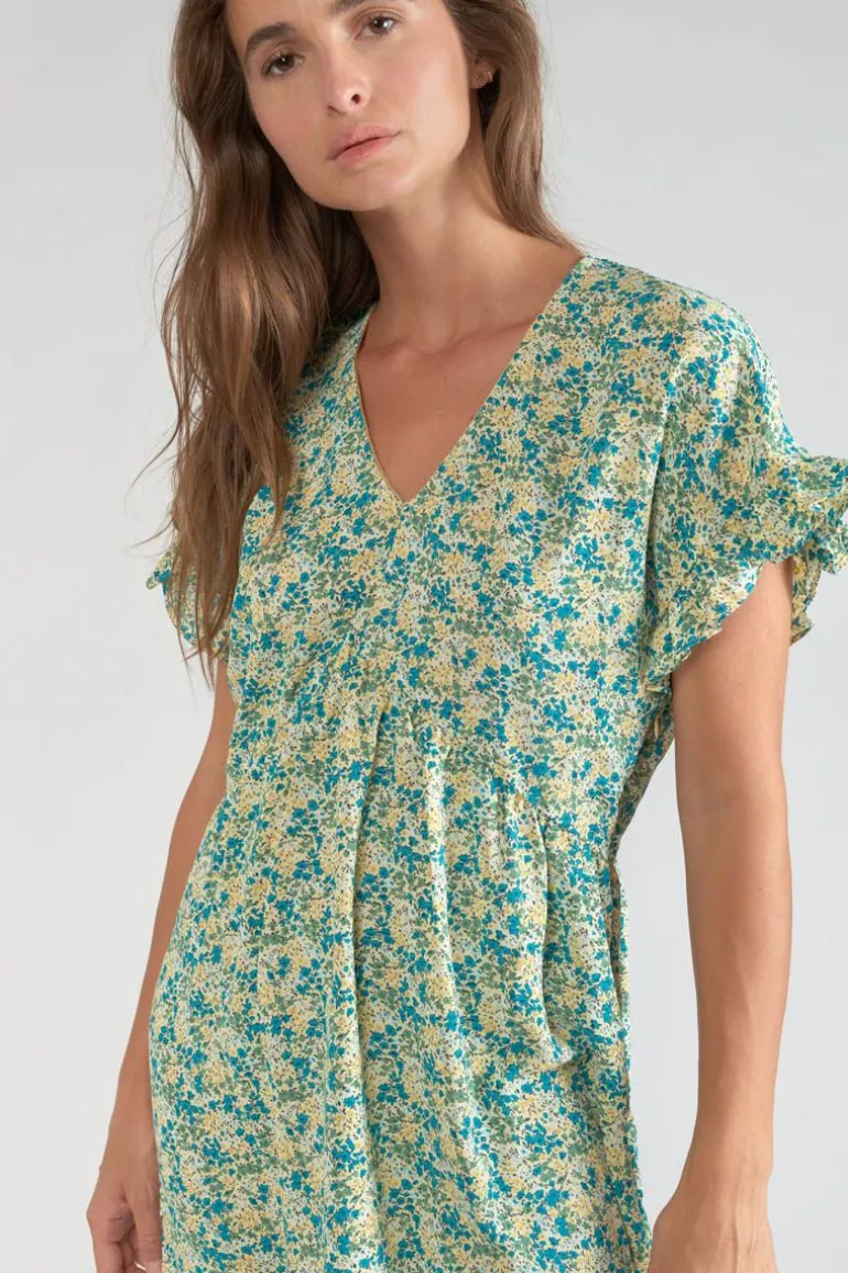 Le Temps des Cerises Robe Tate A Motif Fleuri Vert Et Bleu-Femme Robes