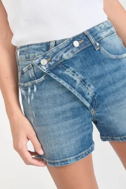 Le Temps des Cerises Short Mosta En Jeans Bleu A Fermeture Asymetrique-Femme Coupe Criss Cross